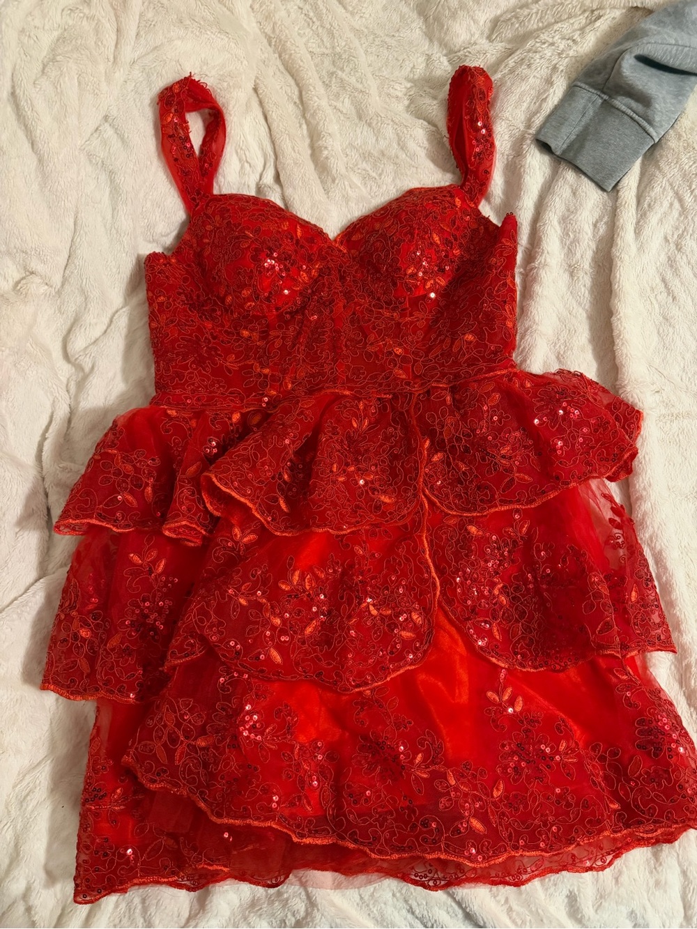 Amazon Red Sequin Tiered Prom Dress with Embroidered Detail